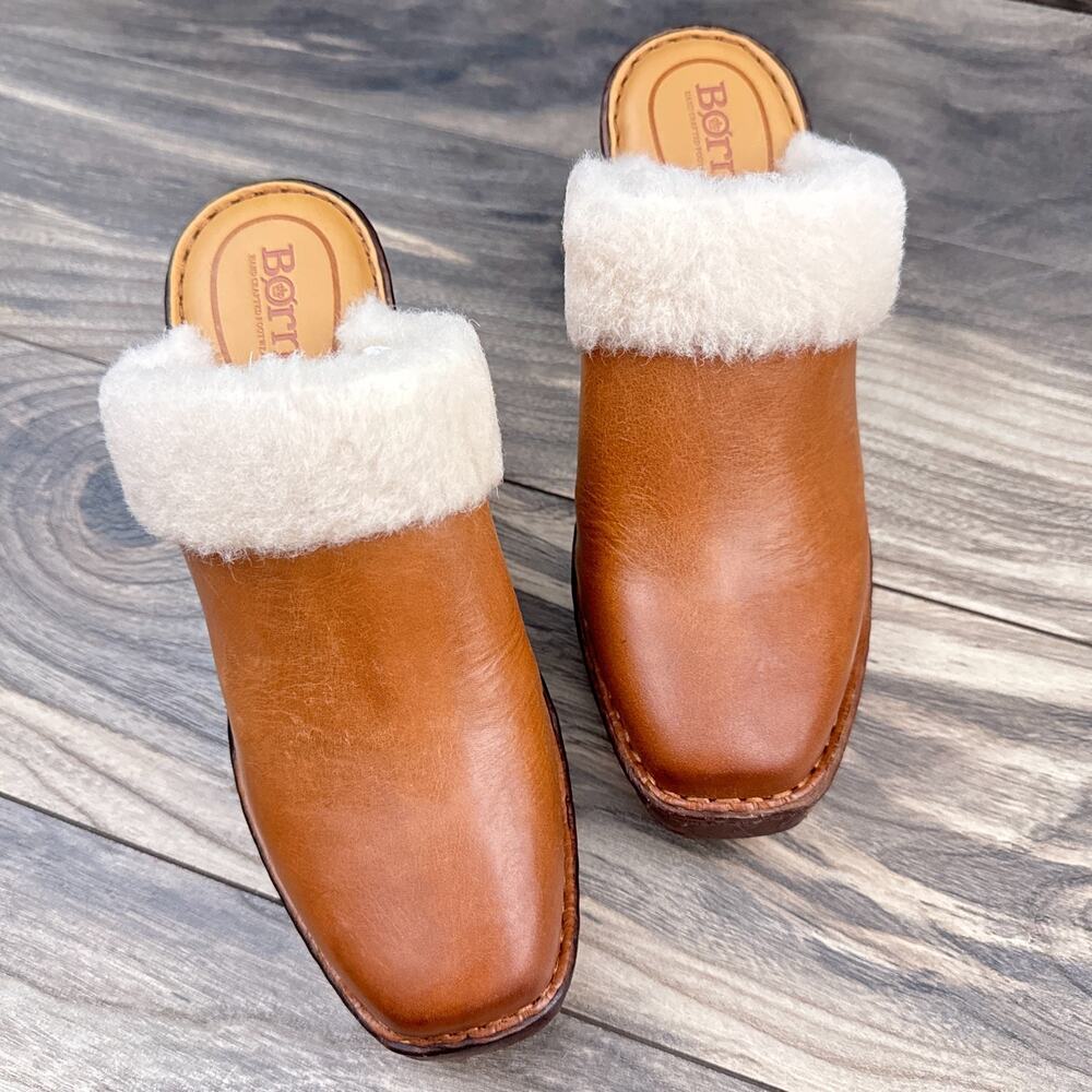 NIB Born Hope 8M Shearling-Lined Open Back Heeled Leather Clogs Brown Tan - Picture 2 of 11